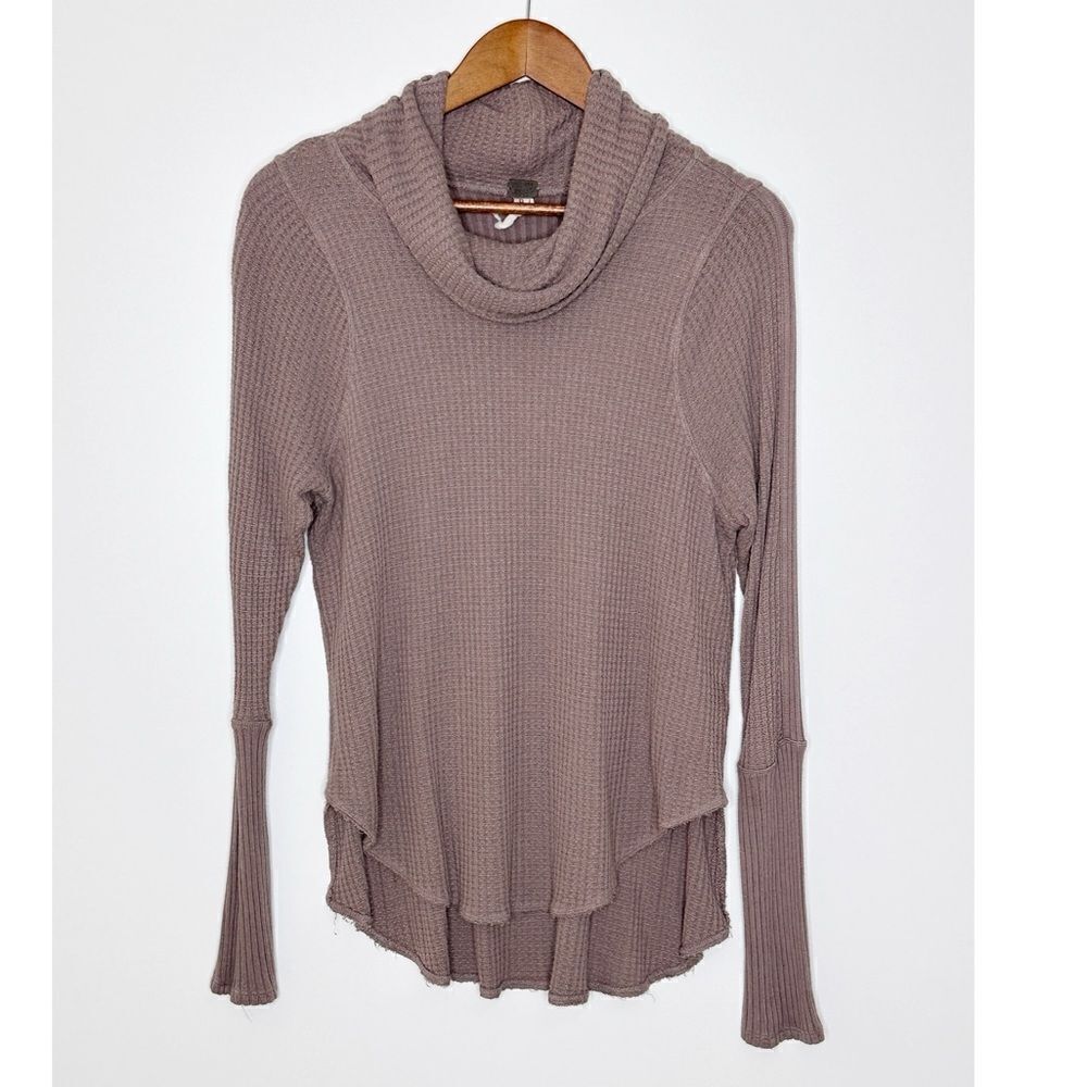 Free People Kristina Thermal Waffle Knit Top Cowl Neck Mushroom Size Small